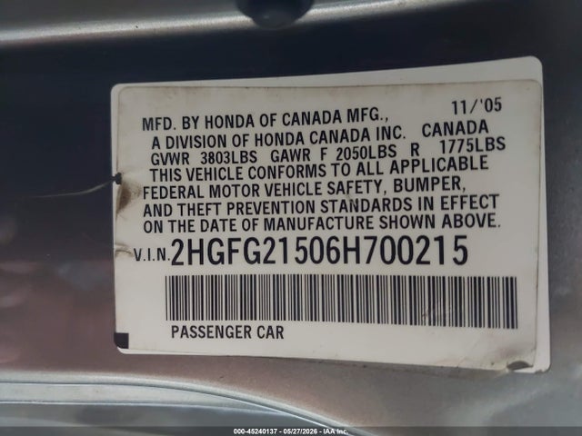 45240137 :رقم المزاد ، 2HGFG21506H700215 vin ، 2006 Honda Civic Si مزاد بيع