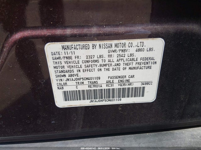 45240142 :رقم المزاد ، JN1AJ0HP5CM401109 vin ، 2012 Infiniti Ex35 Journey مزاد بيع