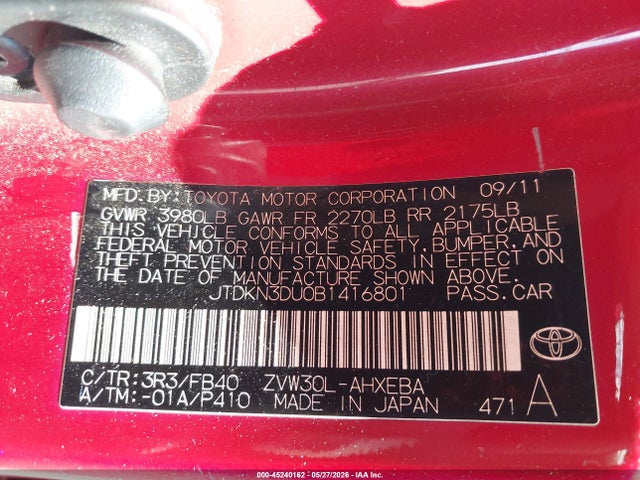 2011 Toyota Prius Two მანქანა იყიდება აუქციონზე, vin: JTDKN3DU0B1416801, აუქციონის ნომერი: 45240162