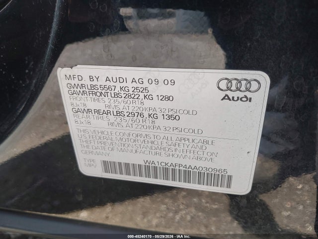 Aukcja sprzedaży 2010 Audi Q5 3.2 Premium, vin: WA1CKAFP4AA030965, numer aukcji: 45240170