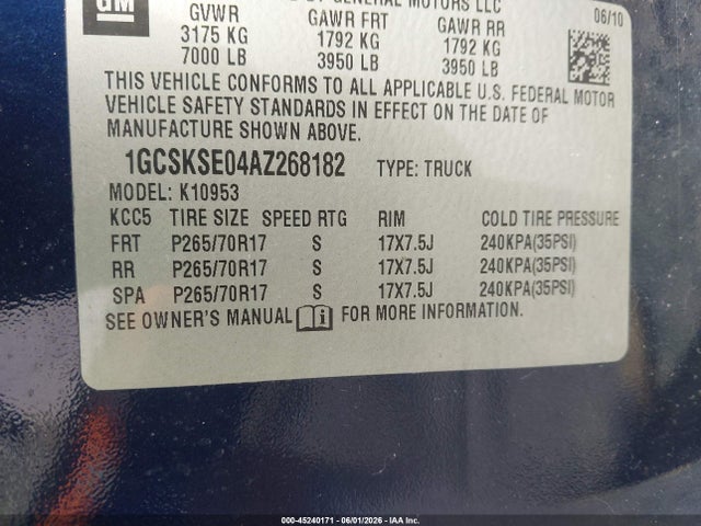 Продаж на аукціоні авто 2010 Chevrolet Silverado 1500 Lt, vin: 1GCSKSE04AZ268182, номер лоту: 45240171