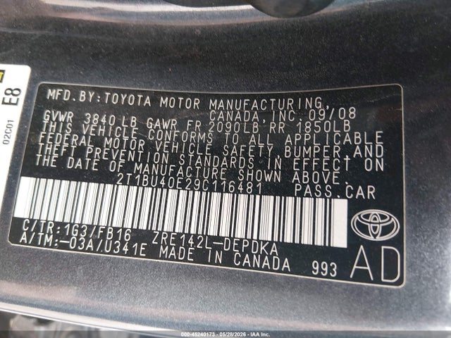Aukcja sprzedaży 2009 Toyota Corolla Le, vin: 2T1BU40E29C116481, numer aukcji: 45240173