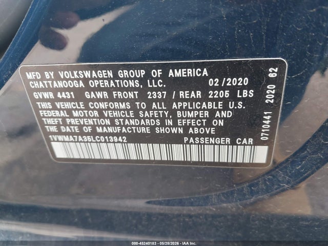 45240183 :رقم المزاد ، 1VWMA7A35LC013942 vin ، 2020 Volkswagen Passat 2.0t R-line مزاد بيع