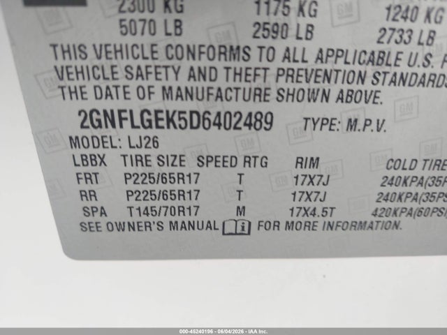 2013 Chevrolet Equinox Ltz მანქანა იყიდება აუქციონზე, vin: 2GNFLGEK5D6402489, აუქციონის ნომერი: 45240196