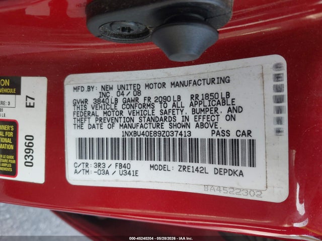 Продажа на аукционе авто 2009 Toyota Corolla Le, vin: 1NXBU40E89Z037413, номер лота: 45240204