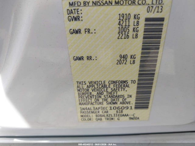 Продаж на аукціоні авто 2014 Nissan Altima 2.5 S, vin: 1N4AL3AP3EC106091, номер лоту: 45240212