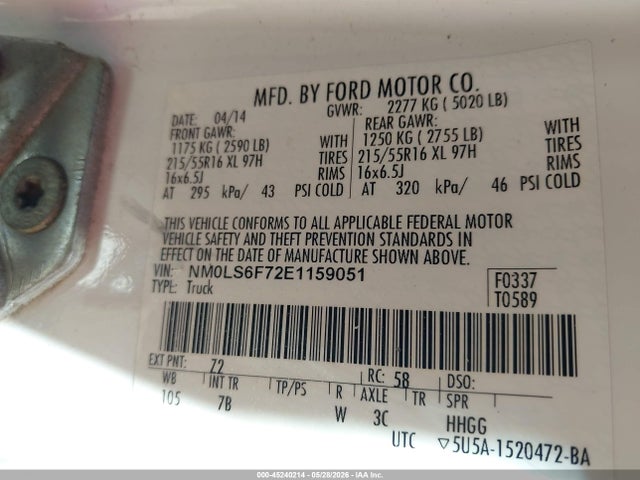 2014 Ford Transit Connect Xlt მანქანა იყიდება აუქციონზე, vin: NM0LS6F72E1159051, აუქციონის ნომერი: 45240214
