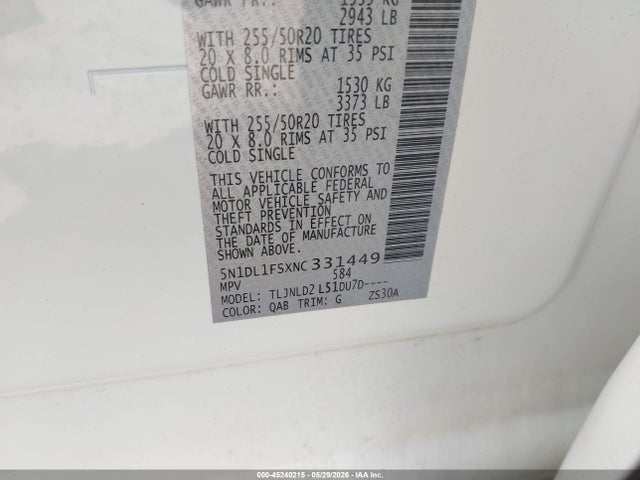 45240215 :رقم المزاد ، 5N1DL1FSXNC331449 vin ، 2022 Infiniti Qx60 Luxe Awd مزاد بيع