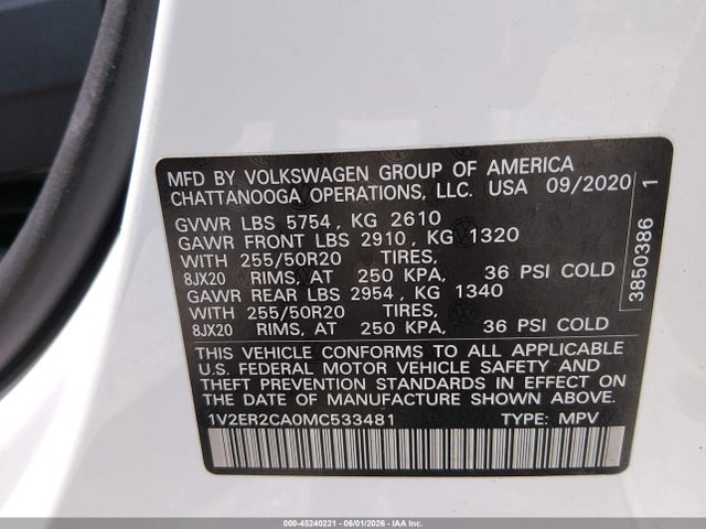 45240221 :رقم المزاد ، 1V2ER2CA0MC533481 vin ، 2021 Volkswagen Atlas 3.6l V6 Sel مزاد بيع