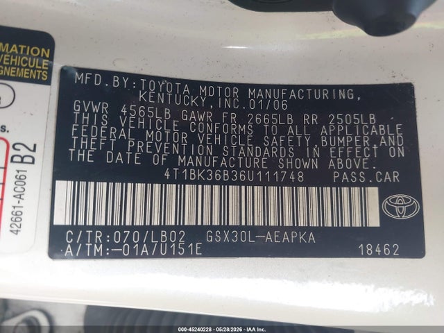 2006 Toyota Avalon Limited მანქანა იყიდება აუქციონზე, vin: 4T1BK36B36U111748, აუქციონის ნომერი: 45240228