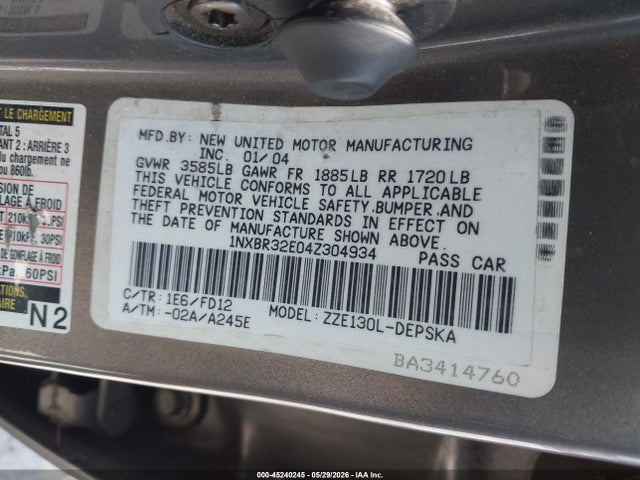Aukcja sprzedaży 2004 Toyota Corolla S, vin: 1NXBR32E04Z304934, numer aukcji: 45240245
