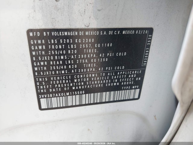 2020 Volkswagen Tiguan 2.0t Se/2.0t Se R-line Black/2.0t Sel მანქანა იყიდება აუქციონზე, vin: 3VV3B7AX0LM115566, აუქციონის ნომერი: 45240246