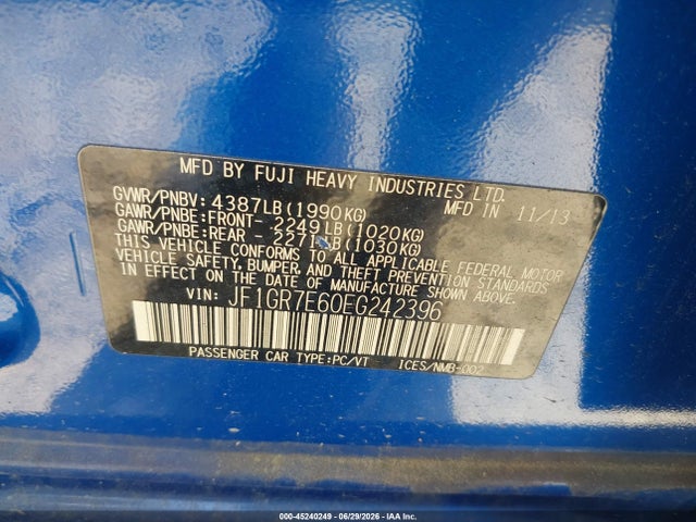 Aukcja sprzedaży 2014 Subaru Impreza Wrx, vin: JF1GR7E60EG242396, numer aukcji: 45240249