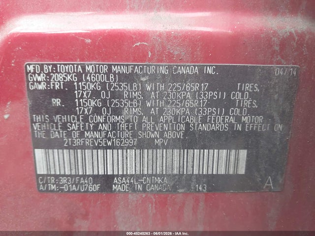 Продаж на аукціоні авто 2014 Toyota Rav4 Xle, vin: 2T3RFREV5EW162997, номер лоту: 45240263