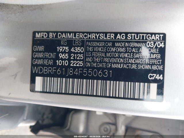 Продаж на аукціоні авто 2004 Mercedes-benz C 240, vin: WDBRF61J84F550631, номер лоту: 45240267
