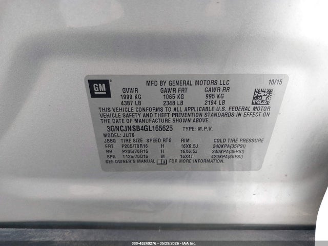 Продажа на аукционе авто 2016 Chevrolet Trax 1ls, vin: 3GNCJNSB4GL165625, номер лота: 45240276