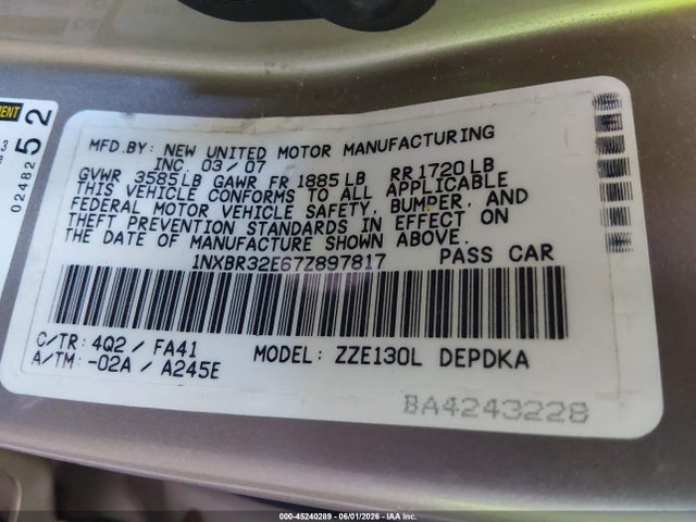 45240289 :رقم المزاد ، 1NXBR32E67Z897817 vin ، 2007 Toyota Corolla Ce مزاد بيع
