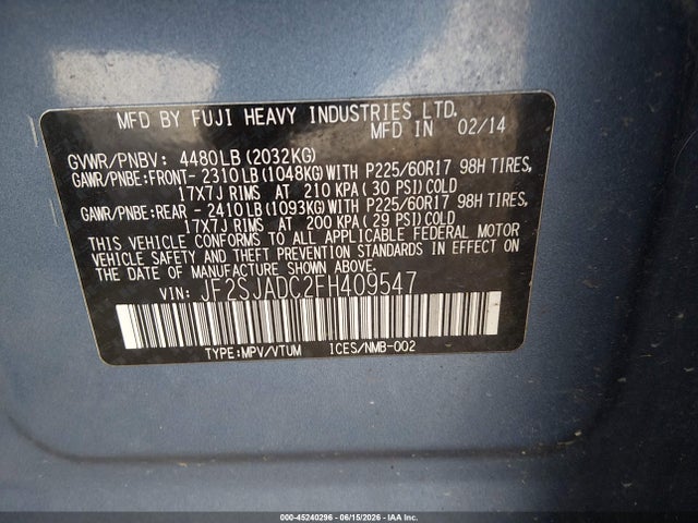 Продажа на аукционе авто 2015 Subaru Forester 2.5i Premium, vin: JF2SJADC2FH409547, номер лота: 45240296
