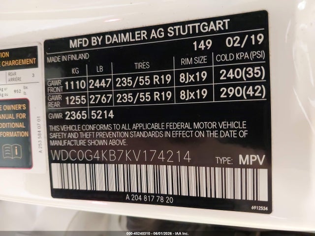 Aukcja sprzedaży 2019 Mercedes-benz Glc 300 4matic, vin: WDC0G4KB7KV174214, numer aukcji: 45240310