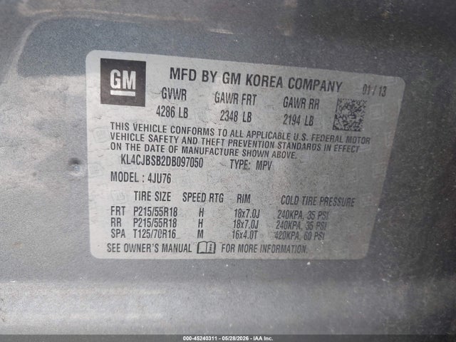 45240311 :رقم المزاد ، KL4CJBSB2DB097050 vin ، 2013 Buick Encore Convenience مزاد بيع