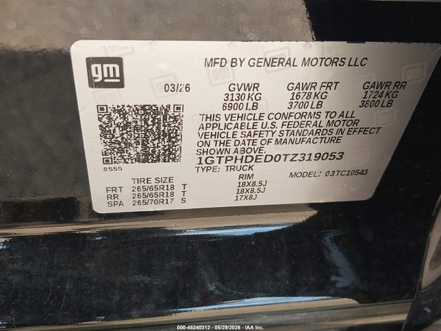 Продаж на аукціоні авто 2026 Gmc Sierra 1500 , Short Bed, Slt, Rwd, vin: 1GTPHDED0TZ319053, номер лоту: 45240312