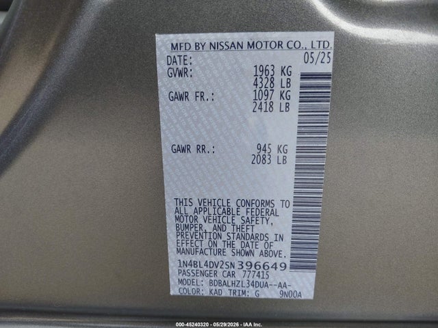 Продаж на аукціоні авто 2025 Nissan Altima Sv Fwd, vin: 1N4BL4DV2SN396649, номер лоту: 45240320