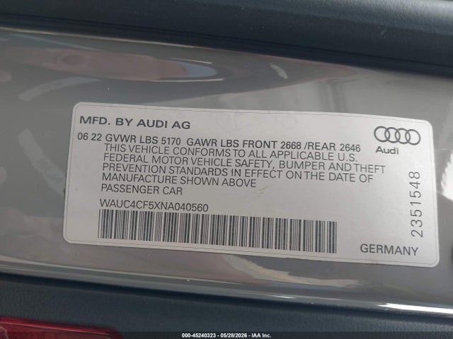Продаж на аукціоні авто 2022 Audi S5 Sportback Premium Plus Tfsi Quattro Tiptronic, vin: WAUC4CF5XNA040560, номер лоту: 45240323