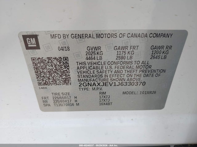 Продаж на аукціоні авто 2018 Chevrolet Equinox Lt, vin: 2GNAXJEV1J6330370, номер лоту: 45240337