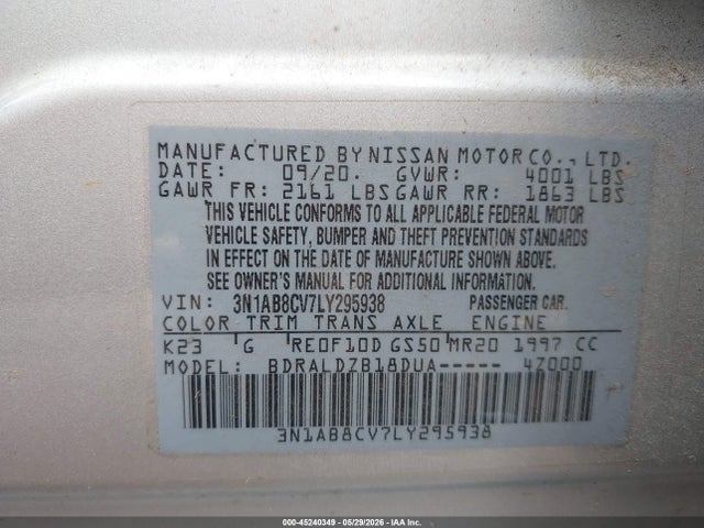 Продаж на аукціоні авто 2020 Nissan Sentra Sv Xtronic Cvt, vin: 3N1AB8CV7LY295938, номер лоту: 45240349