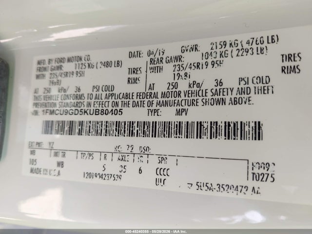 2019 Ford Escape Se მანქანა იყიდება აუქციონზე, vin: 1FMCU9GD5KUB80405, აუქციონის ნომერი: 45240355