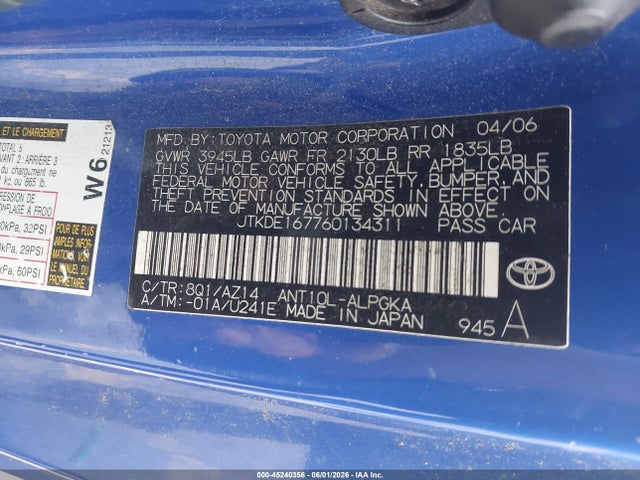 2006 Scion Tc მანქანა იყიდება აუქციონზე, vin: JTKDE167760134311, აუქციონის ნომერი: 45240356