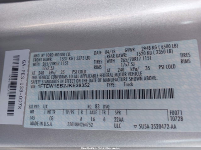 Ford F-150 Xl 2018 1FTEW1EB2JKE38352 Image 9