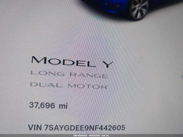 2022 Tesla Model Y Long Range Dual Motor All-wheel Drive მანქანა იყიდება აუქციონზე, vin: 7SAYGDEE9NF442605, აუქციონის ნომერი: 45240382