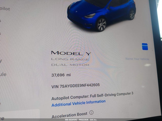 2022 Tesla Model Y Long Range Dual Motor All-wheel Drive მანქანა იყიდება აუქციონზე, vin: 7SAYGDEE9NF442605, აუქციონის ნომერი: 45240382