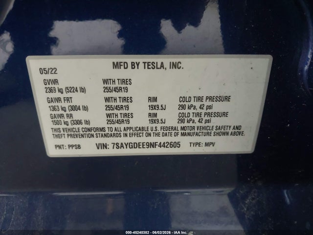 2022 Tesla Model Y Long Range Dual Motor All-wheel Drive მანქანა იყიდება აუქციონზე, vin: 7SAYGDEE9NF442605, აუქციონის ნომერი: 45240382
