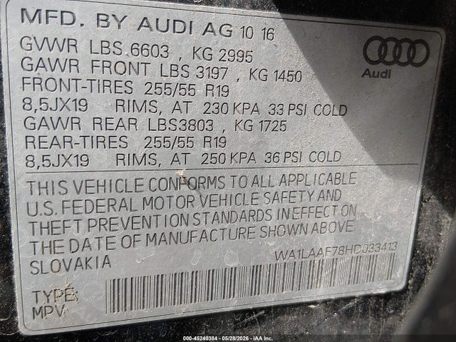 Продаж на аукціоні авто 2017 Audi Q7 3.0t Premium, vin: WA1LAAF78HD033413, номер лоту: 45240384