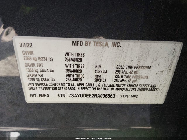 7SAYGDEE2NA006563 Tesla Model Y Long Range Dual Motor All-wheel Drive