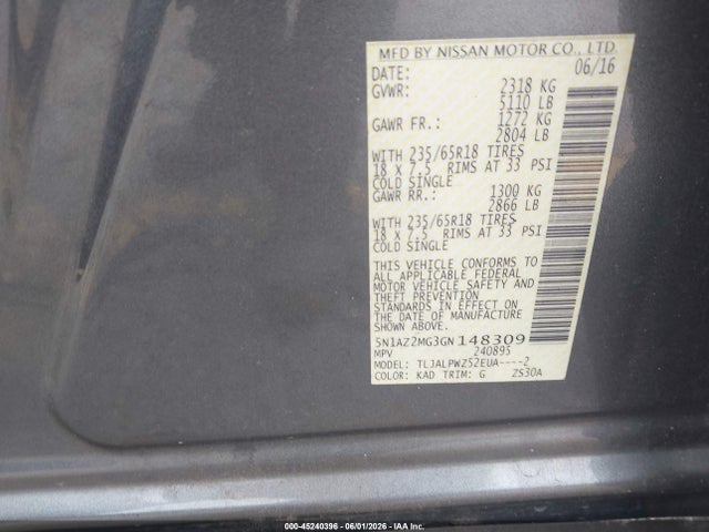 Продаж на аукціоні авто 2016 Nissan Murano Platinum/s/sl/sv, vin: 5N1AZ2MG3GN148309, номер лоту: 45240396