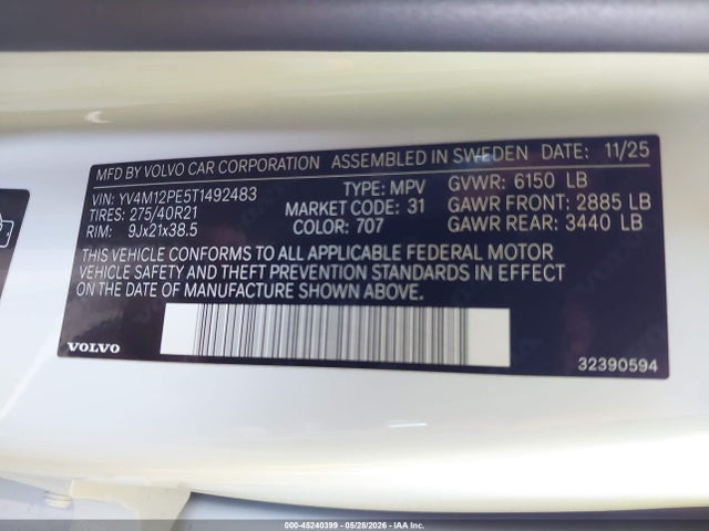 Продажа на аукционе авто 2026 Volvo Xc90 Plus, B5 Awd Gas (mild Hybrid), Gasoline, Bright, 7 Seats, vin: YV4M12PE5T1492483, номер лота: 45240399