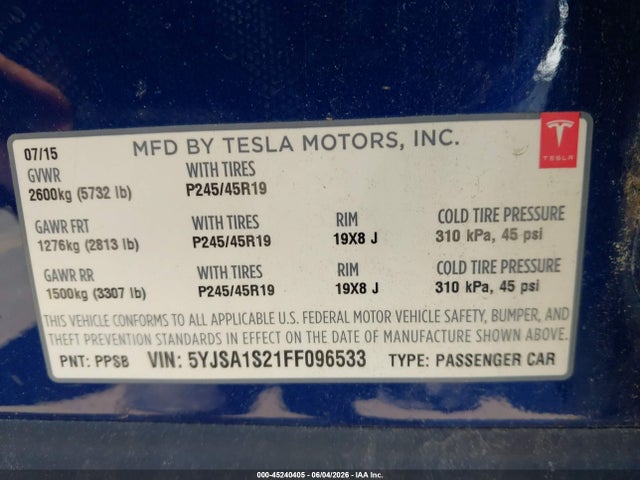 Продажа на аукционе авто 2015 Tesla Model S 70d/85d/p85d, vin: 5YJSA1S21FF096533, номер лота: 45240405