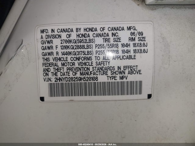 Aukcja sprzedaży 2009 Acura Mdx, vin: 2HNYD28259H520108, numer aukcji: 45240410