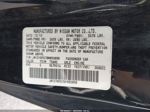 Aukcja sprzedaży 2011 Infiniti G37, vin: JN1CV6FE7BM950858, numer aukcji: 45240411