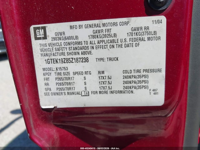 Auction sale of the 2005 Gmc Sierra 1500 Sle, vin: 1GTEK19Z85Z187238, lot number: 45240415
