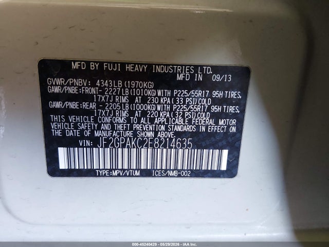 Aukcja sprzedaży 2014 Subaru Xv Crosstrek 2.0i Limited, vin: JF2GPAKC2E8214635, numer aukcji: 45240429