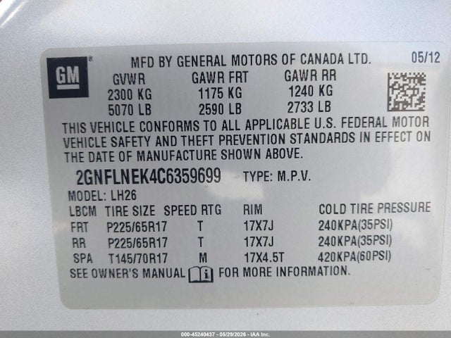 Aukcja sprzedaży 2012 Chevrolet Equinox 2lt, vin: 2GNFLNEK4C6359699, numer aukcji: 45240437