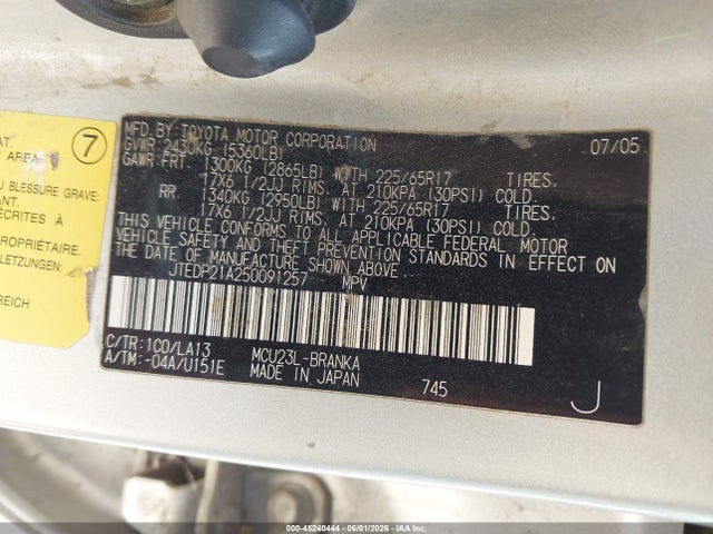 Aukcja sprzedaży 2005 Toyota Highlander Limited, vin: JTEDP21A250091257, numer aukcji: 45240444