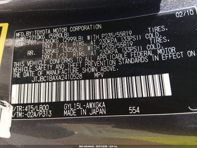 Продаж на аукціоні авто 2010 Lexus Rx 450h, vin: JTJBC1BAXA2410528, номер лоту: 45240445