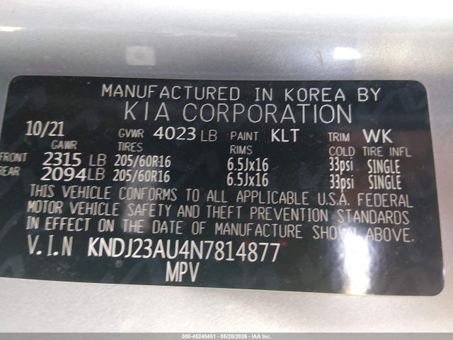 Aukcja sprzedaży 2022 Kia Soul Lx, vin: KNDJ23AU4N7814877, numer aukcji: 45240451