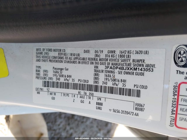 Aukcja sprzedaży 2019 Ford Fiesta Se, vin: 3FADP4BJXKM143053, numer aukcji: 45240460