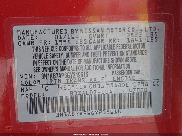 45240491 :رقم المزاد ، 3N1AB7AP6GY219616 vin ، 2016 Nissan Sentra Sv مزاد بيع